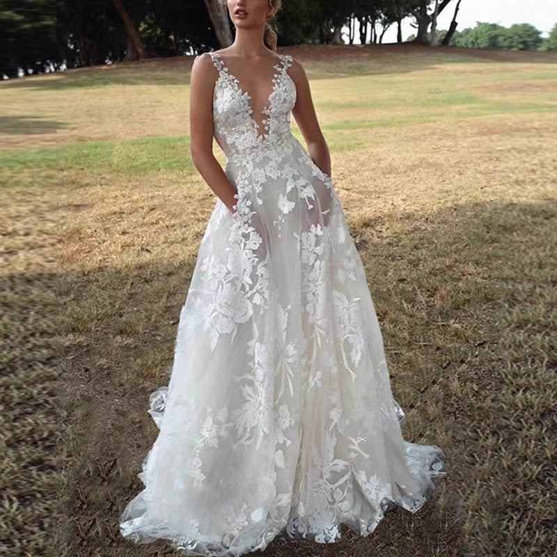 european and american style puffy skirt lace bridal wedding dress  sexy white spaghetti strap bridesmaid dress