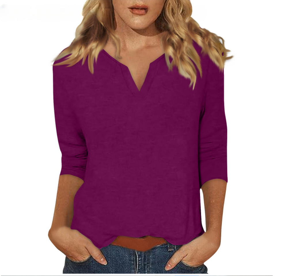 cross-border women's v-neck 3/4 sleeve solid color t-shirt top