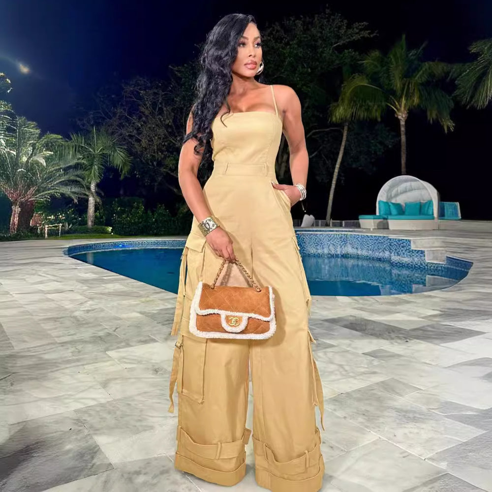 european and american new arrival cross-border women's sexy bandeau multi-pocket cargo jumpsuit wide leg romper