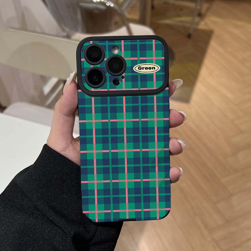Ins british style grids phone case suitable for iphone16/15 anti-fall 17promax green and pink contrasting color soft case