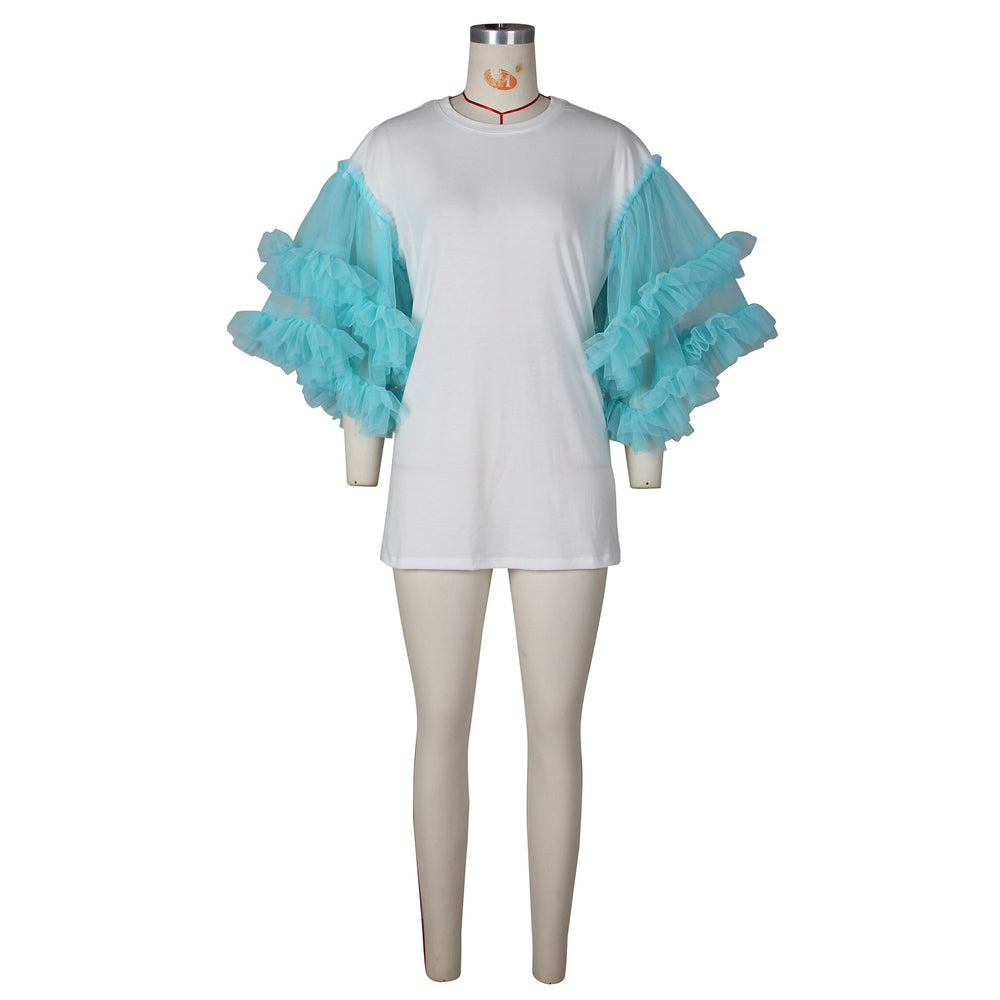 summer new arrivals: european and american style fashion casual loose patchwork mesh sleeve solid color t-shirt dress - cross-border e-commerce