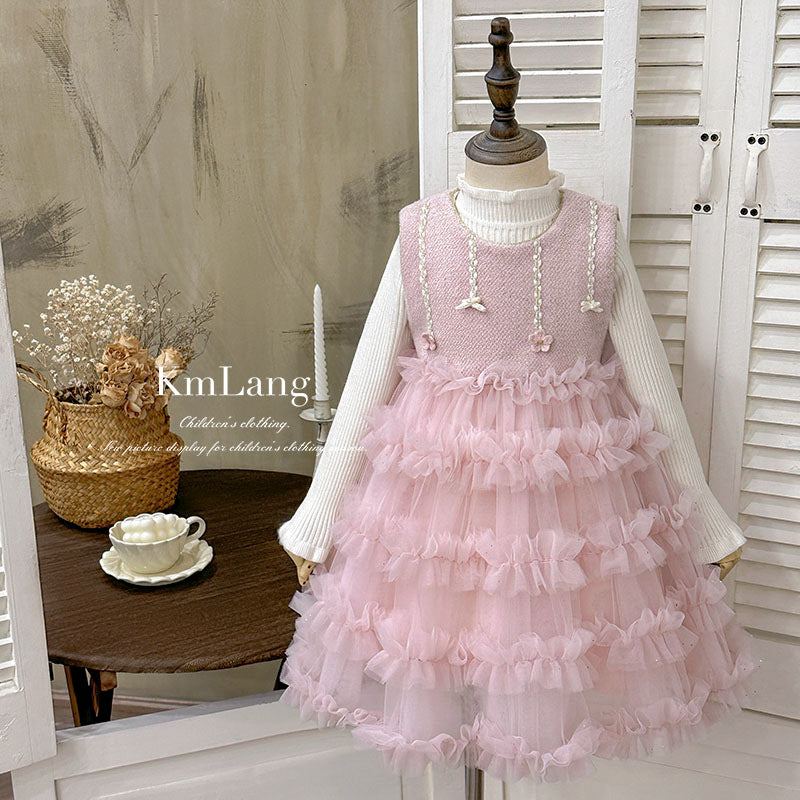 Girls' dress : thickened wool blend vest dress with fleece lining and mesh tulle tutu skirt - birthday cake dress