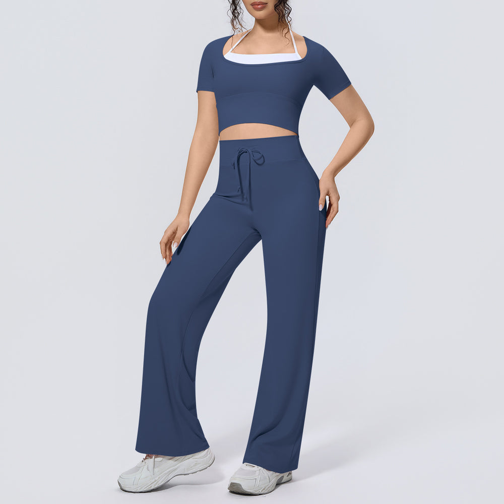 pure color double-piece nude high-elastic fake two-piece yoga suit sports running fitness short-sleeved two-piece set for women