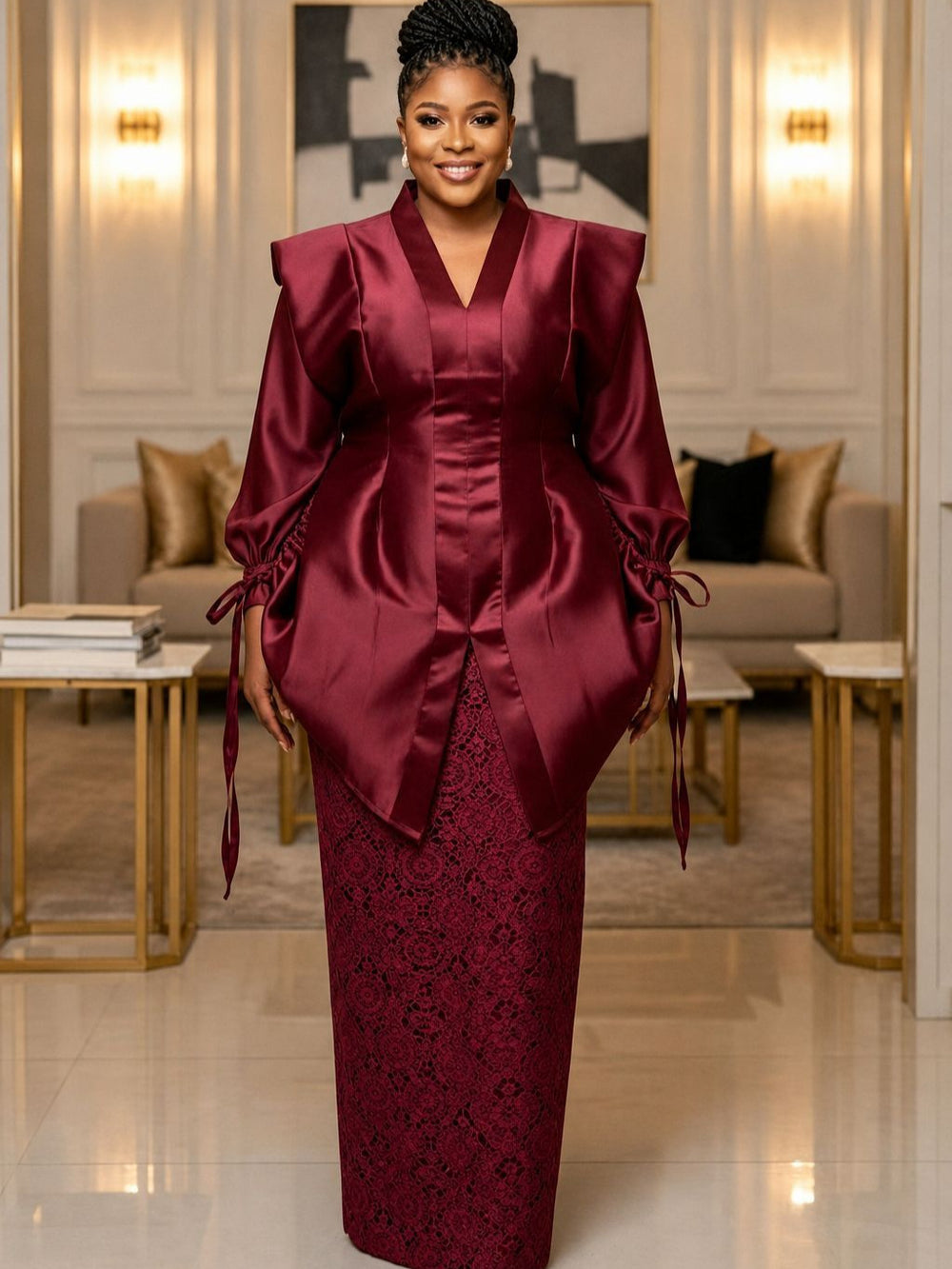 African loose satin pleated fashion outerwear drawstring design set party wedding lace robe two-piece outfit