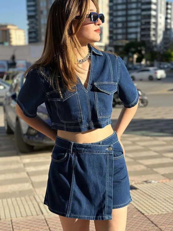 Cross-border European and American wind speed sales, popular double-placket V-neck pullover short denim shirt, high-waisted denim culottes set