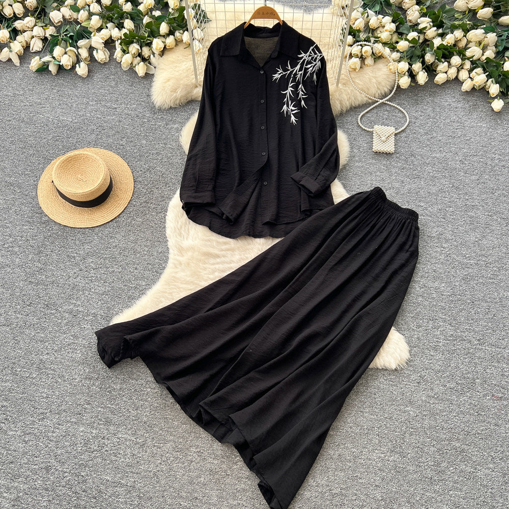 Gentle and lazy style stereo flower embroiderlong sleevesshirt suspender skirttwo-piece setfemaleautumslimming lookelegant