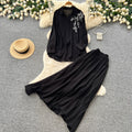 Gentle and lazy style stereo flower embroiderlong sleevesshirt suspender skirttwo-piece setfemaleautumslimming lookelegant