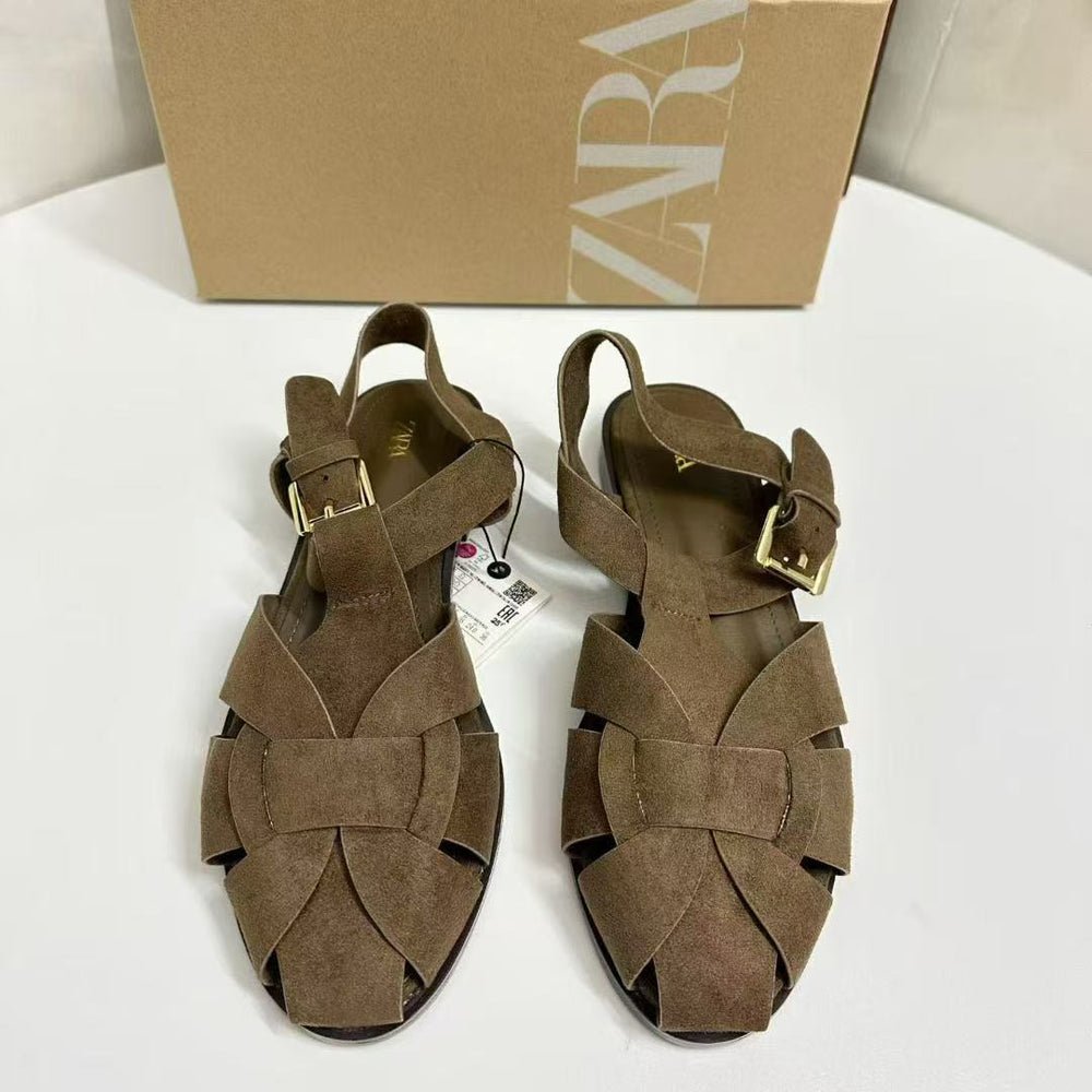 Za2025summernew arrivalcut out round toe sandals women's bag toe easiest for match lightweight plaidflats roman beach women's shoes