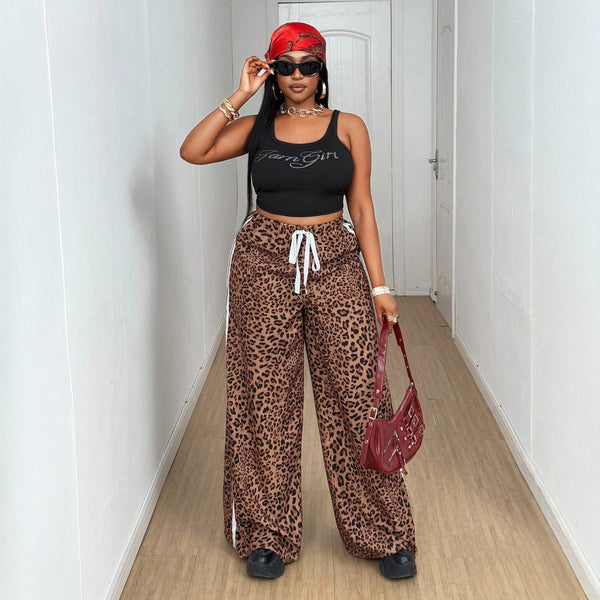 European and American new  fashion INS versatile leopard print print design street loose straight trousers casual trousers women