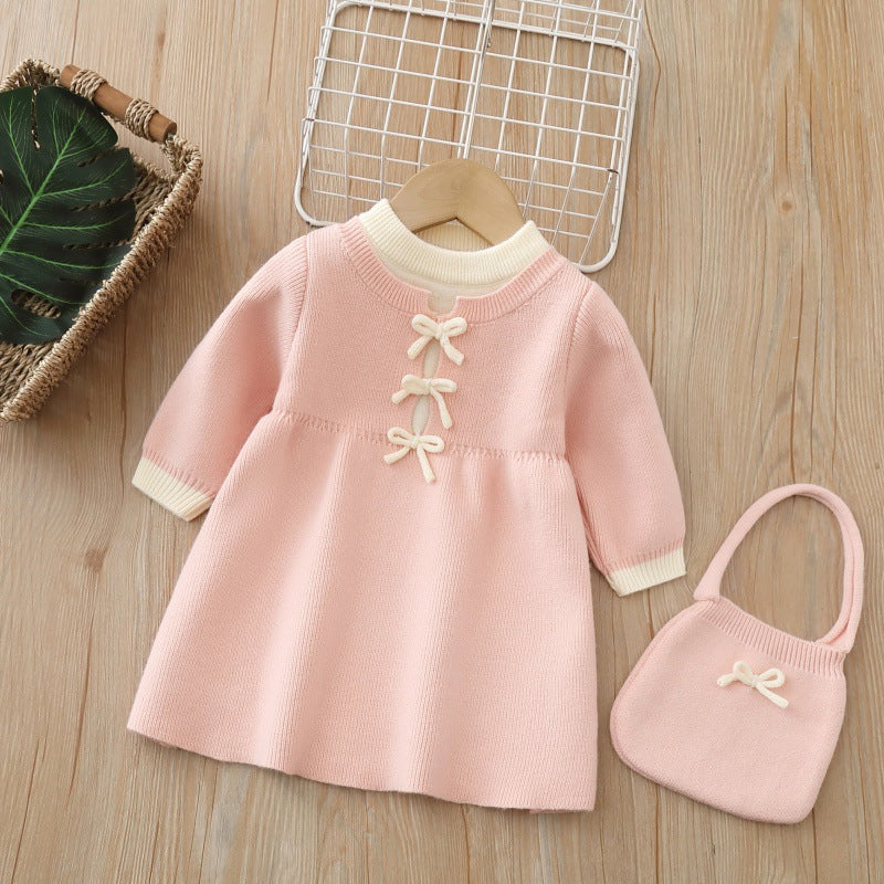 Girls' knit sweater dress - new autumn  collection: sweet bow detail, long knit dress for little girls