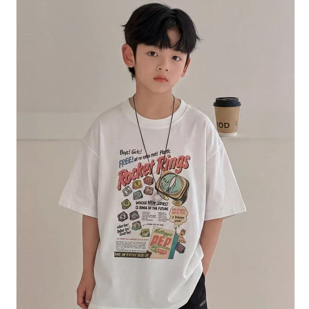 White cotton boys' short-sleeve t-shirt, summer  new arrival, loose fit, casual cartoon print, kids' half-sleeve 011