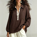 Casual patchwork plus size shirt - collared, color block placket, loose fit, slimming long sleeve women's top