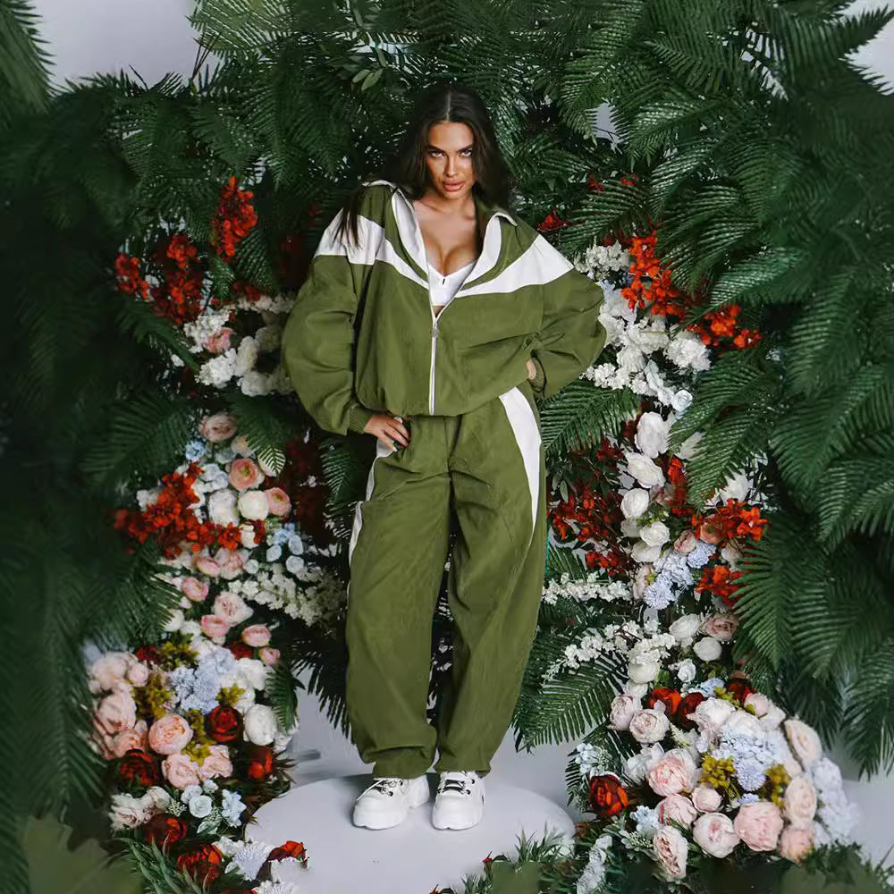 European and American loose casual women's clothing fashion contrasting colors long-sleeved sports cardigan trousers two-piece set women's trousers set women