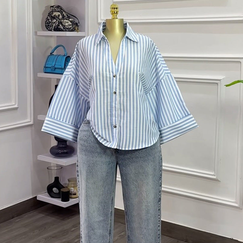 European and american cross-border women's fashion:  summer new arrival - stylish turn-down collar, loose fit, unique design, niche casual shirt top