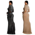C6863 cross-border   fashion women's solid color mesh rhinestone long dress