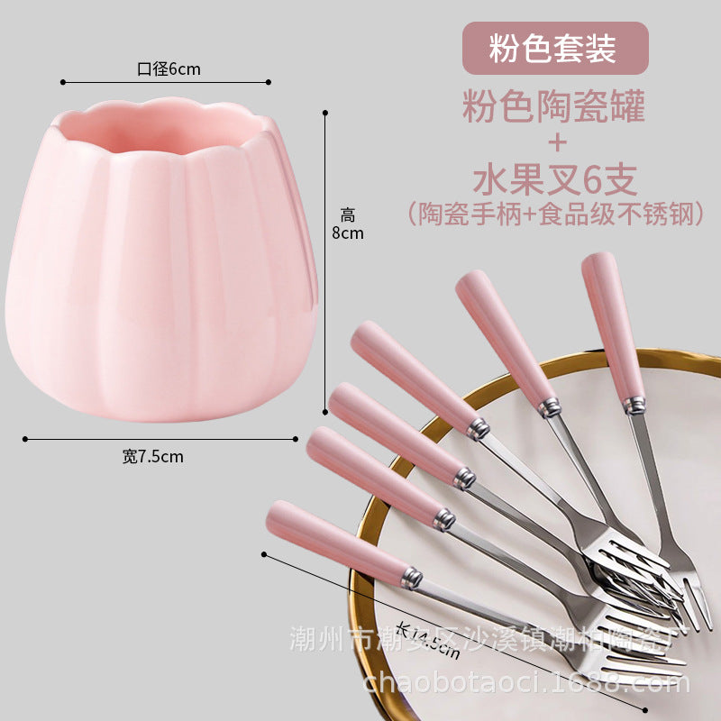 Stainless steel fruit fork set with premium ceramic storage jar, fruit picks, home watermelon forks, and stylish spoons