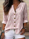 Fashion holiday style vertical pattern blouse, light fabric, half placket, wooden buttons, loose three-quarter sleeves, daily casual lining