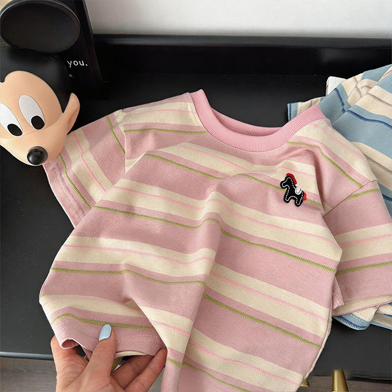 Kids' short-sleeve summer outfit : stylish lightweight summer shirt for boys, baby polo shirt with pony stripes, boys' single top