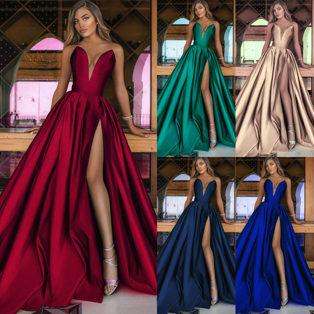 spring/summer new european and american cross-border women's sexy deep v slit dress solid color maxi gown wedding dress