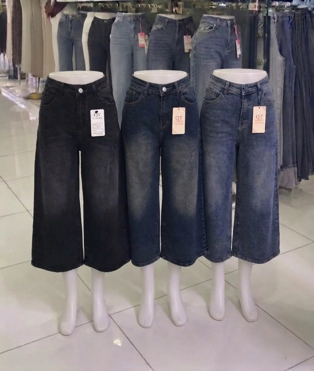 New arrival women's jeans high waist washed wide leg slightly flared cropped pants wholesale women cropped jeans