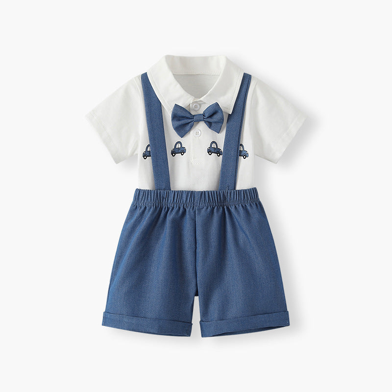 One-year-old baby boy's  new gentleman's preppy style overalls set, summer lightweight shirt and shorts short-sleeved formal wear