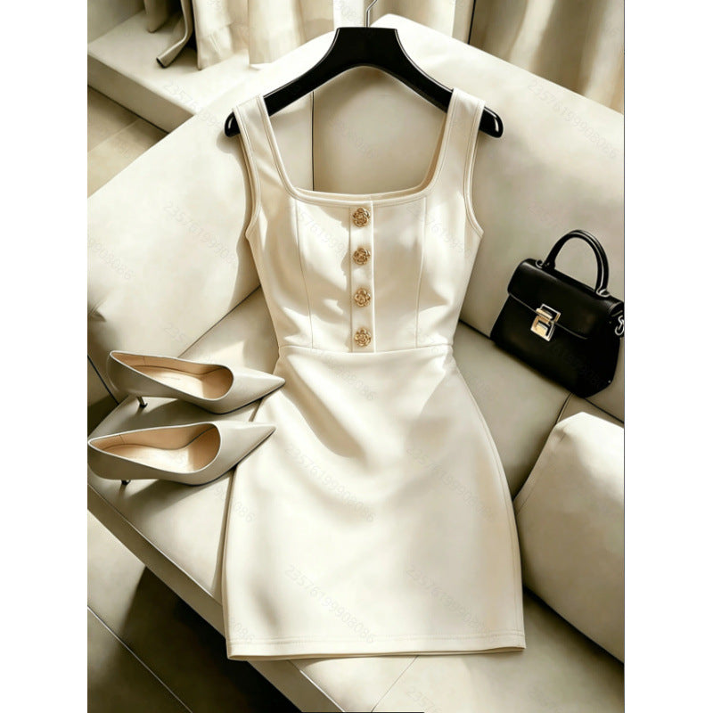 Women's summer new fashion elegant solid color square neck metal buckle decorated waist cinching sleeveless mini dress