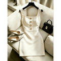 Women's summer new fashion elegant solid color square neck metal buckle decorated waist cinching sleeveless mini dress