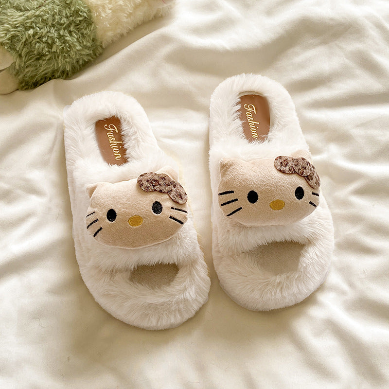 Cartoon kitty cat fuzzy one-strap cotton slippers - new autumn/winter collection for women, thickened outdoor/indoor warm slippers