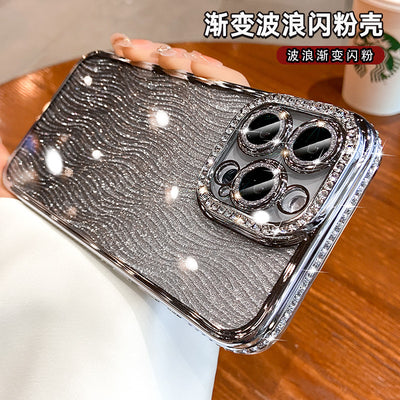 Sparkling electroplated rhinestone iphone 17 pro case - water ripple gradient glitter apple 16 soft case 14