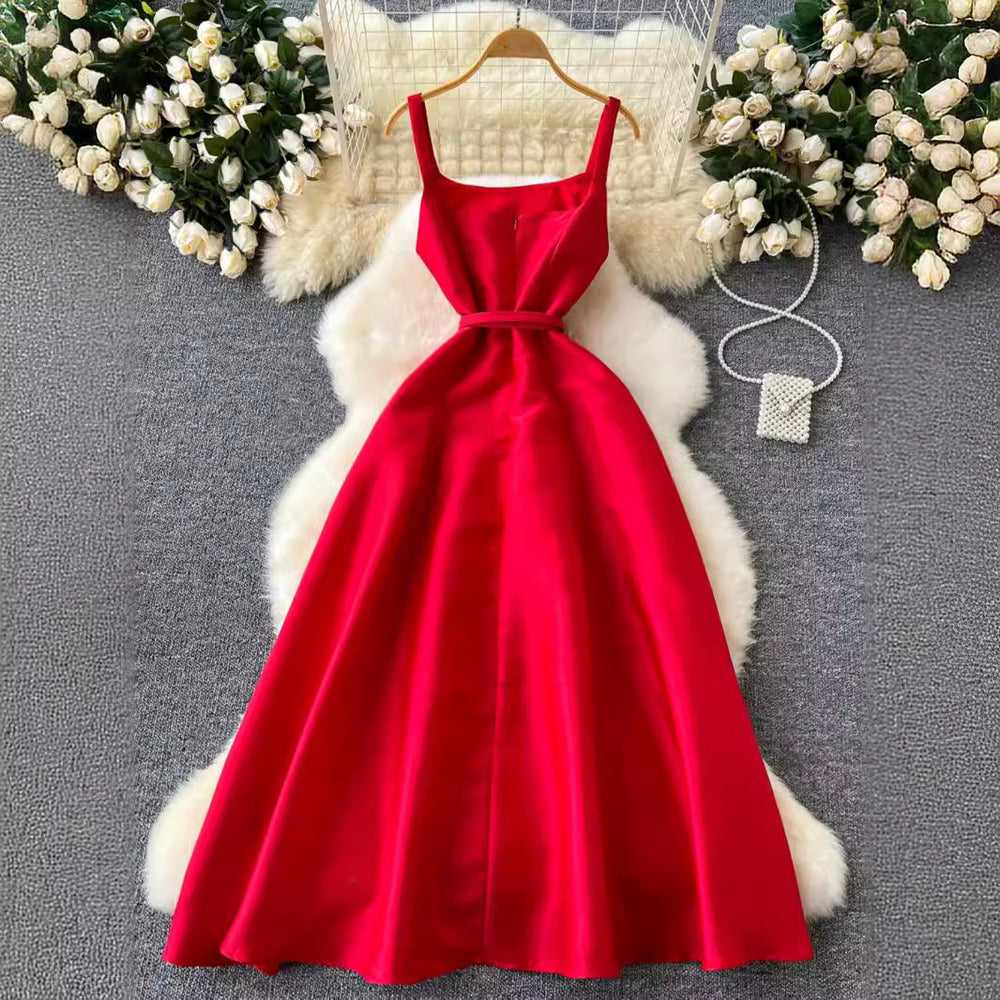 Evening party dress women's royal sister classy suspender long skirt french waist elegant puffy swing dress summer
