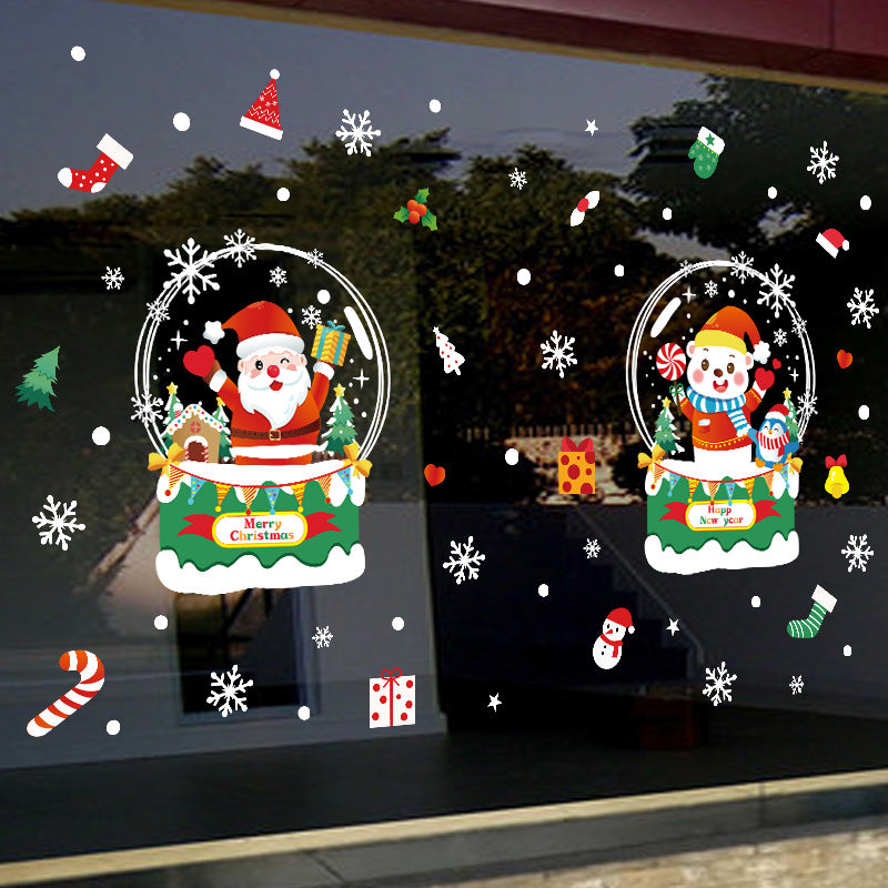 Christmas decorative glass door sticker shop window scene arrangement Santa Claus glass ball snowflake glue-free static sticker