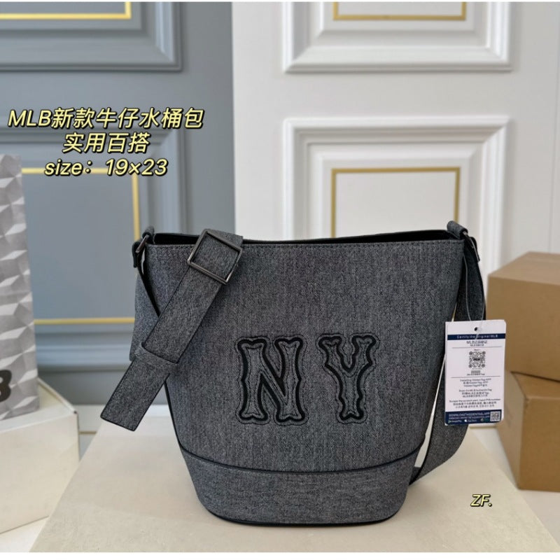MLB casual retro denim bucket bag fashion letter embroidery portable shoulder women's bag versatile fashion tote bag