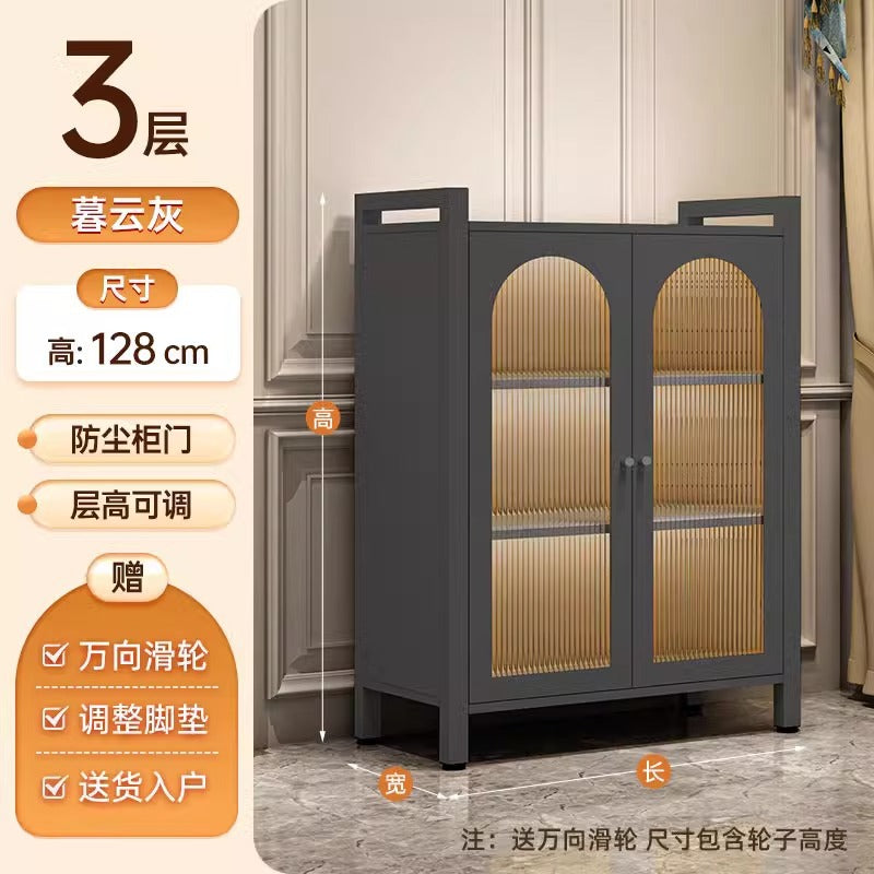 Steel bookshelf with glass door dustproof bookcase living room storage cabinet iron storage cabinet cream style figure display cabinet