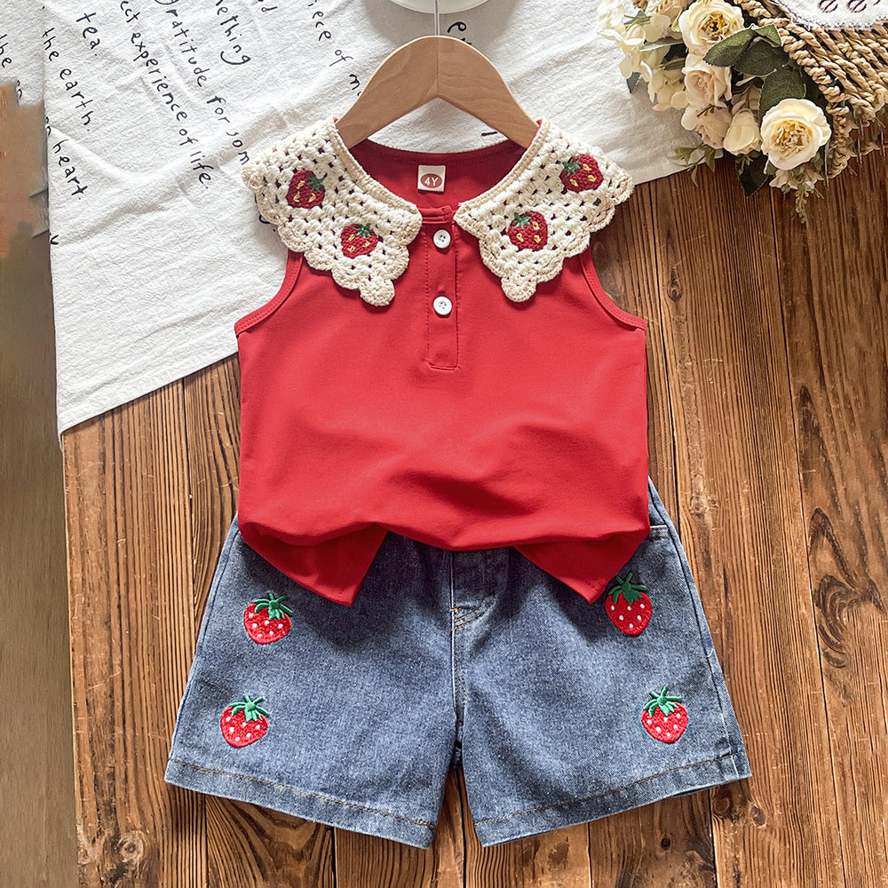 hot selling girls' cute strawberry solid color top with embroidered denim shorts two-piece set