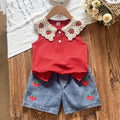 hot selling girls' cute strawberry solid color top with embroidered denim shorts two-piece set