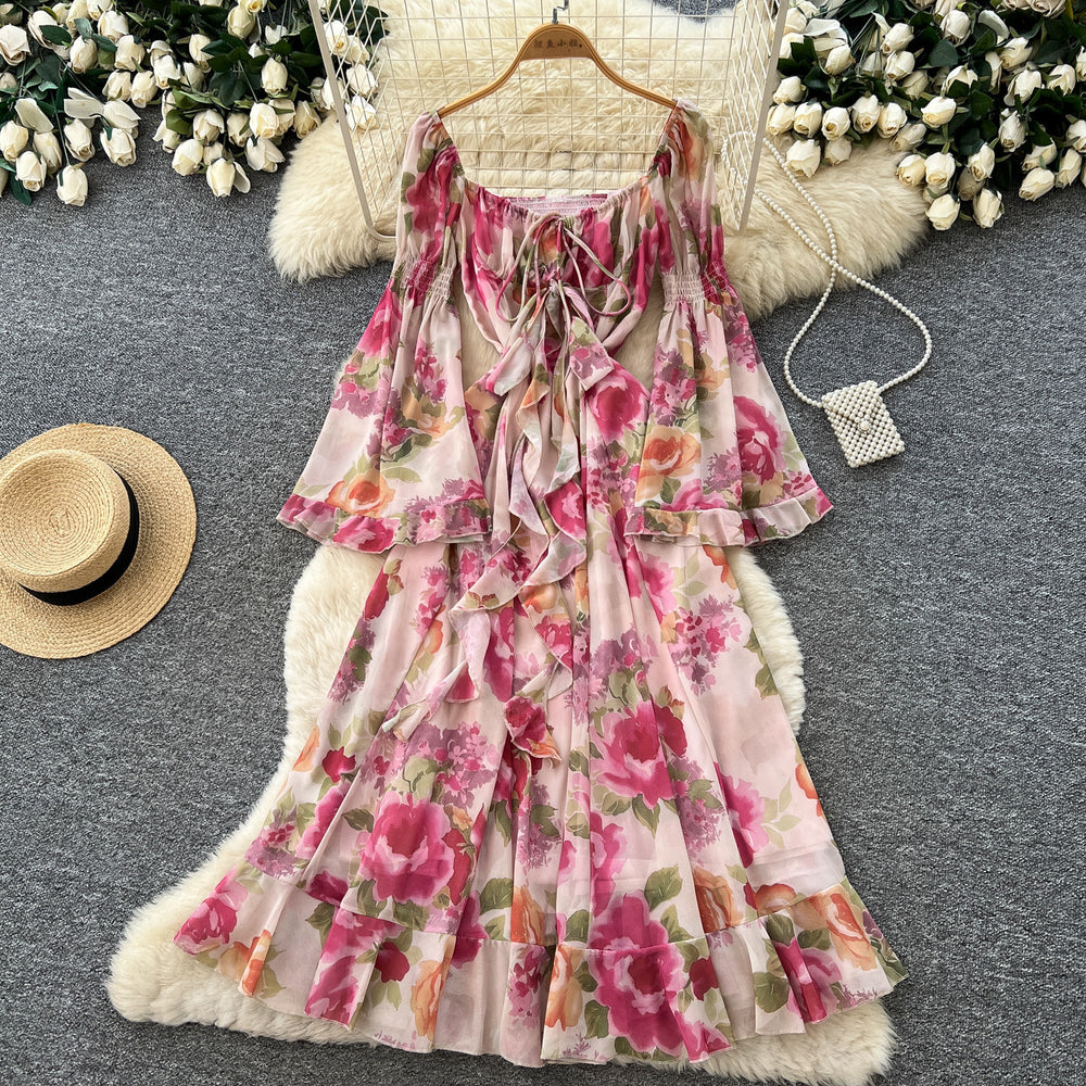 French romantic one-shoulder flared sleeve floral dress - women's summer long sleeve vacation ruffle hem maxi dress