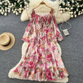 French romantic one-shoulder flared sleeve floral dress - women's summer long sleeve vacation ruffle hem maxi dress