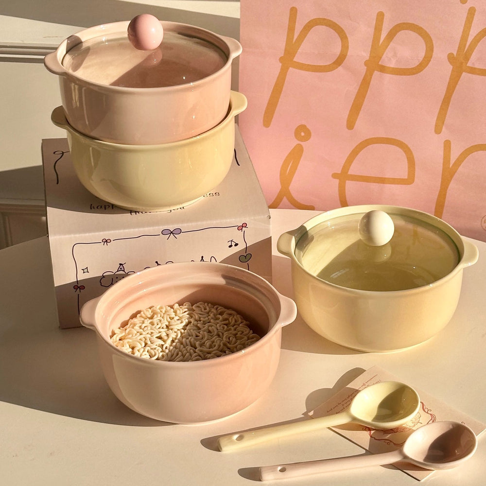Double-eared bowl ceramic instant noodle bowl with lid special bowl for dormitory student large soup bowl for home one-person large-capacity bowl