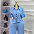 European and american women's clothing  autumn new collection: sweet and fresh turn-down collar short-sleeve shirt and high-waisted straight-leg pants two-piece set