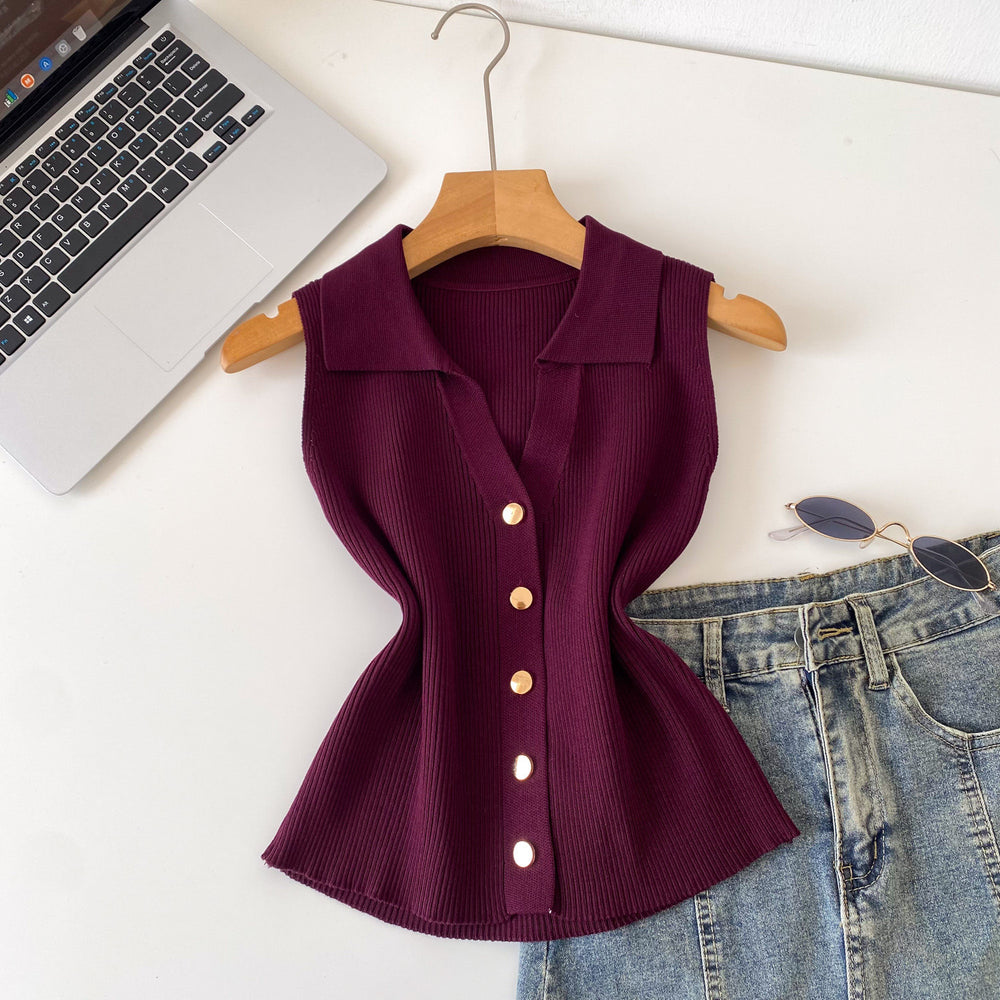 Light mature style sense of design lapel sleeveless knitting vest women's summerkorean style single breasted silm thin tops multi-color
