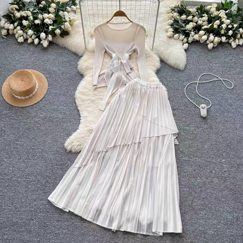 fashion style miyake pleated tie back waist asymmetrical hem pleated tops pleated skirt suit for women