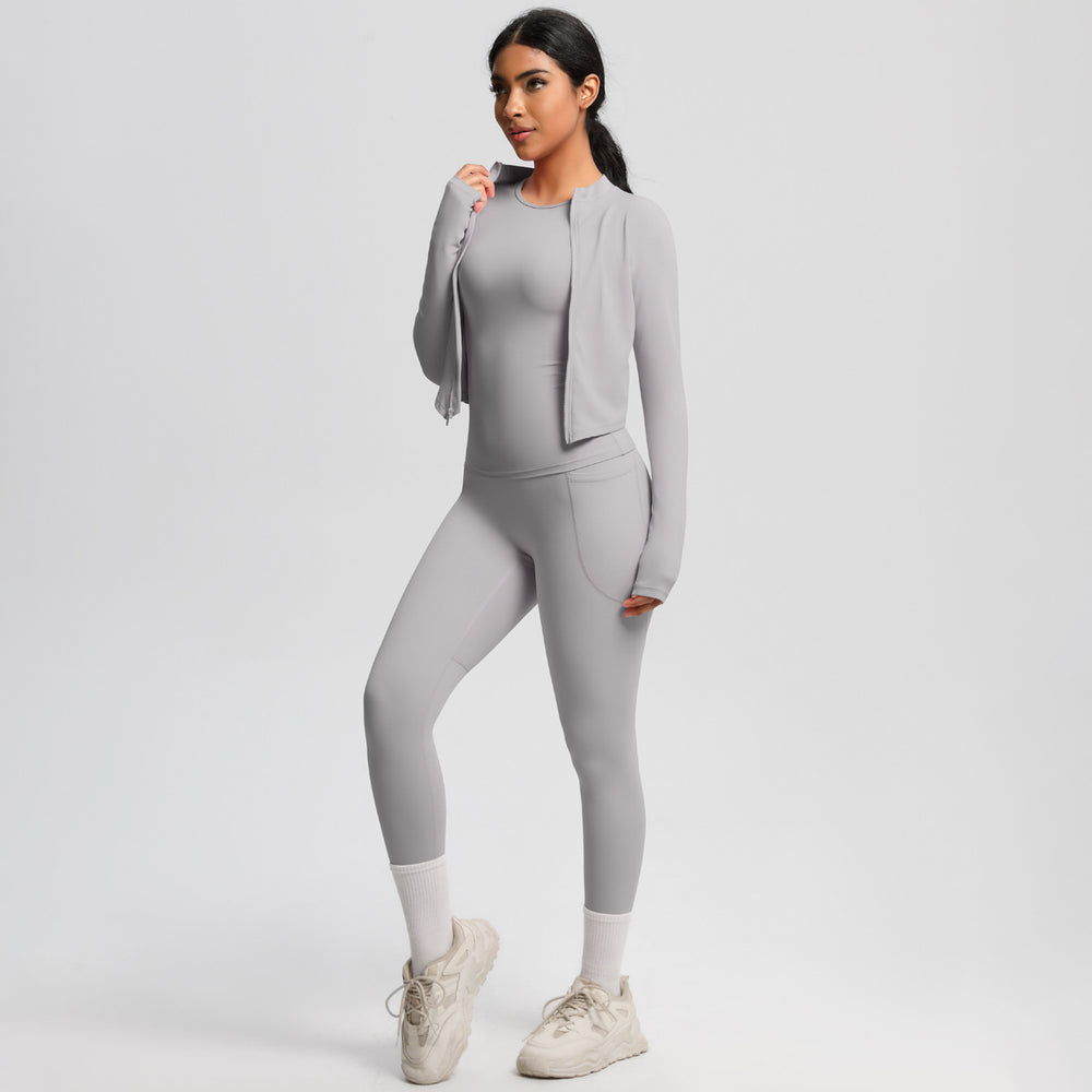 Cloud-soft slim-fit brushed nylon pocket pant set - quick-dry, breathable yoga, running, and fitness activewear three-piece set