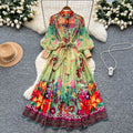 European and american style printed lantern sleeve dress - women's summer single-breasted belted slimming high-end design maxi dress