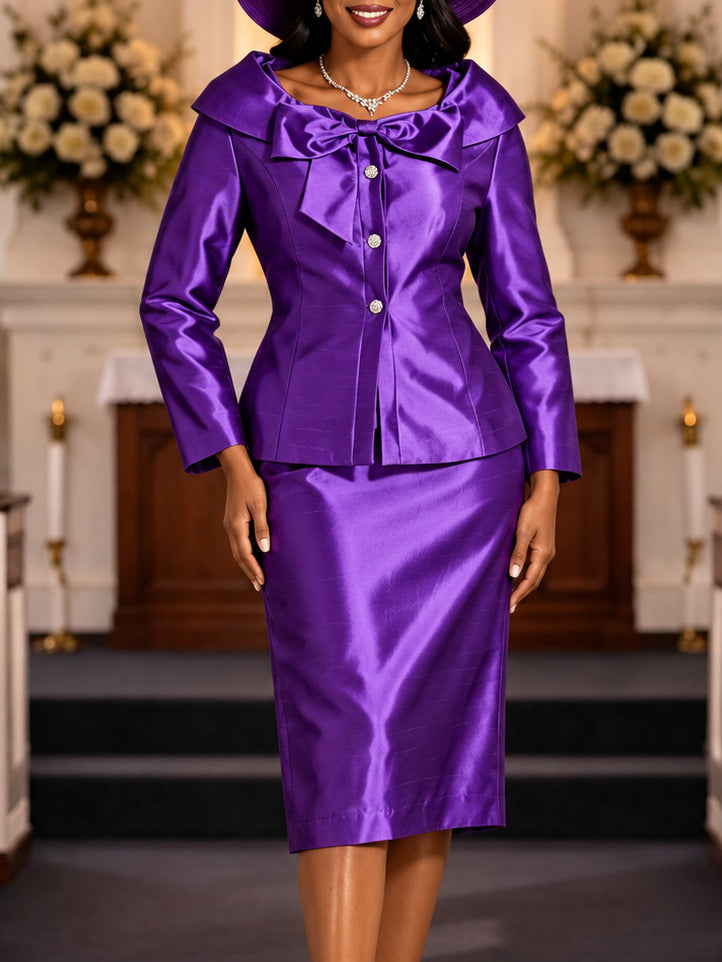 Autumn new solid color bodycon skirt set - cinched waist jacket with bow collar, elegant church banquet dress set