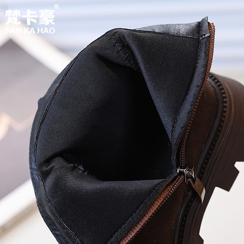 Vancahao children's double-sided fleece ankle boots,  autumn new korean style girls' british vintage martin boots