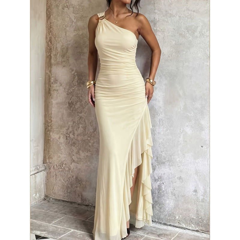 Women's summer romantic elegant metallic buckle detail slit ruffle asymmetrical shoulder maxi dress