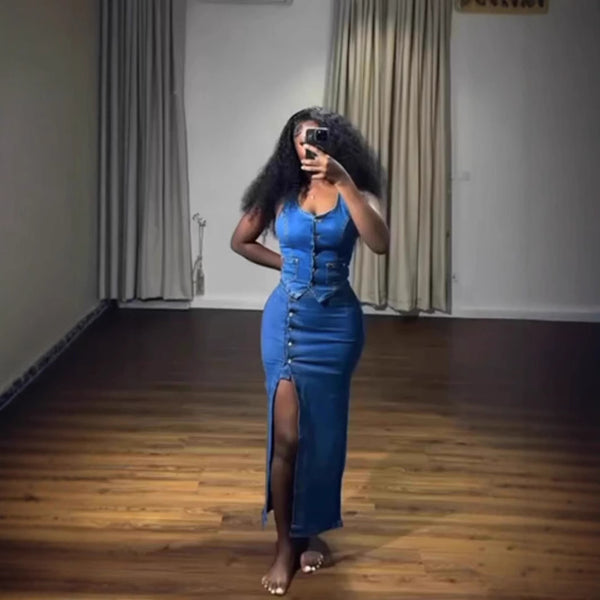 European and American women's clothing   hot sale new fashion button pocket neck split denim dress set