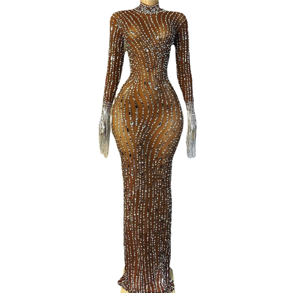 supply custom high-end rhinestone mesh elastic european and american african sexy slim dress in stock