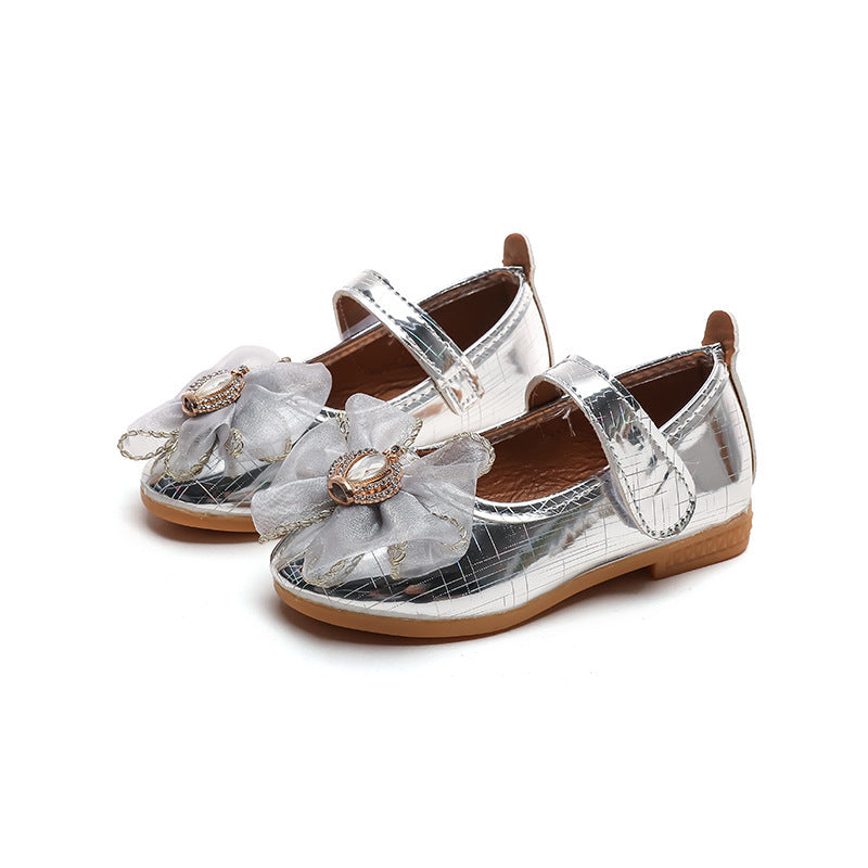 Girls'  spring new bowknot soft sole princess leather shoes for mid-to-large children - wholesale magic tape closure kids' shoes (direct from manufacturer)