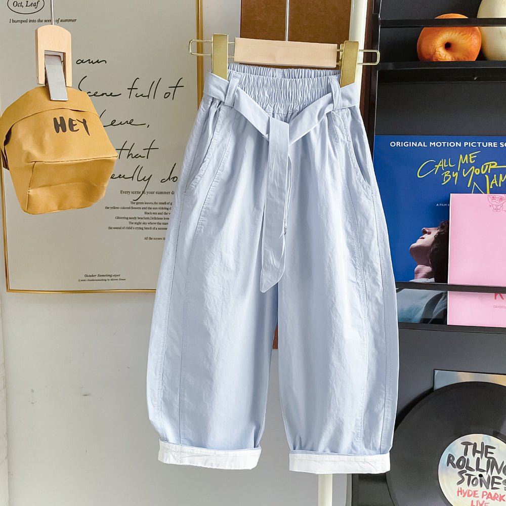 【100% cotton】summer lightweight breathable cool casual versatile belted scimitar casual pants 2614